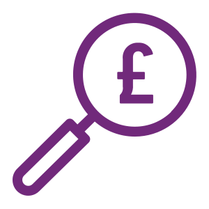 Icon of a magnifying glass over a British Pound sign