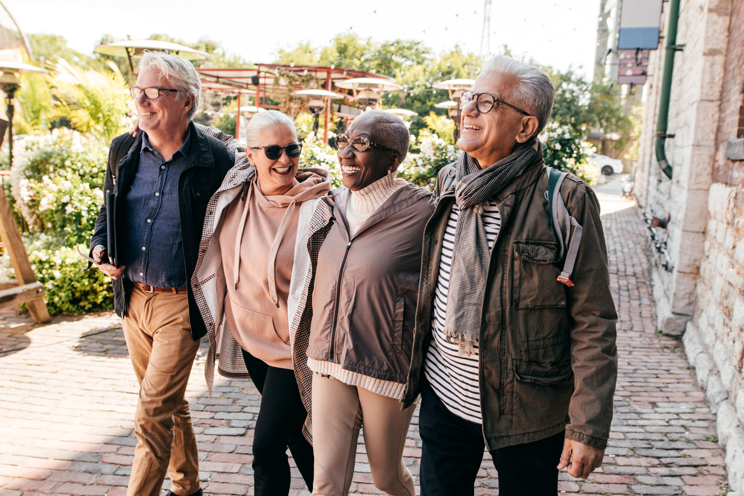 Active seniors walking in the city