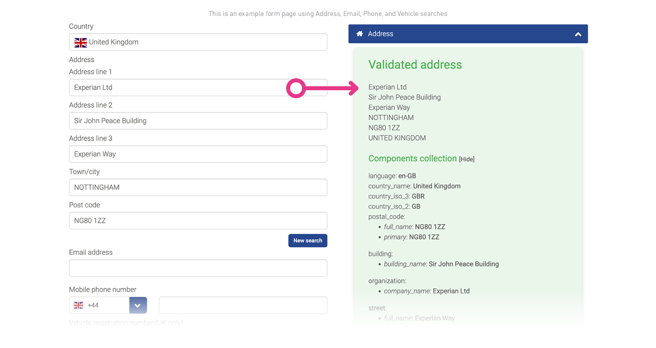 Screenshot of Experian's data validation technology