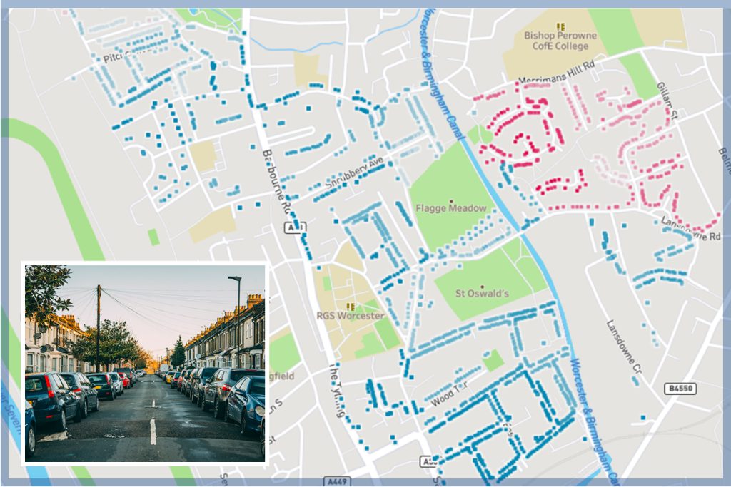 A map of a certain area of the UK, showing driveway modelling