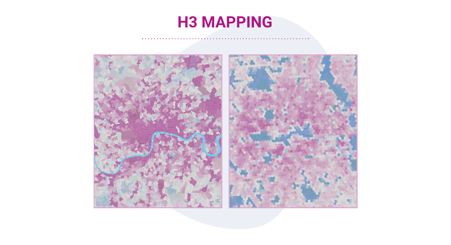 Map highlighting difference between normal mapping and hexagonal grid mapping