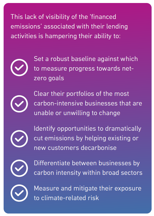 List of bullet points which define challenges faced due to the lack of visibility of financed emissions