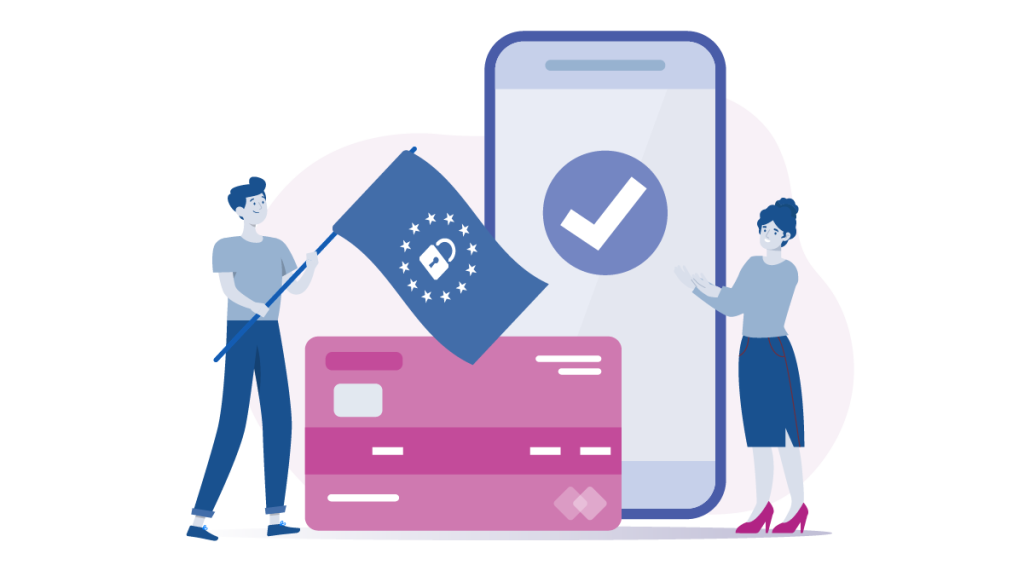Illustration showing individuals holding the flag of the European Union, alongside payment methods