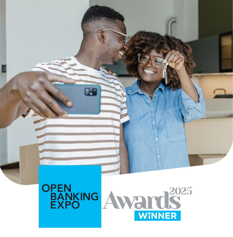 Two people picking up the keys to their house. Below, it says Open Banking Expo Awards 2025 winner
