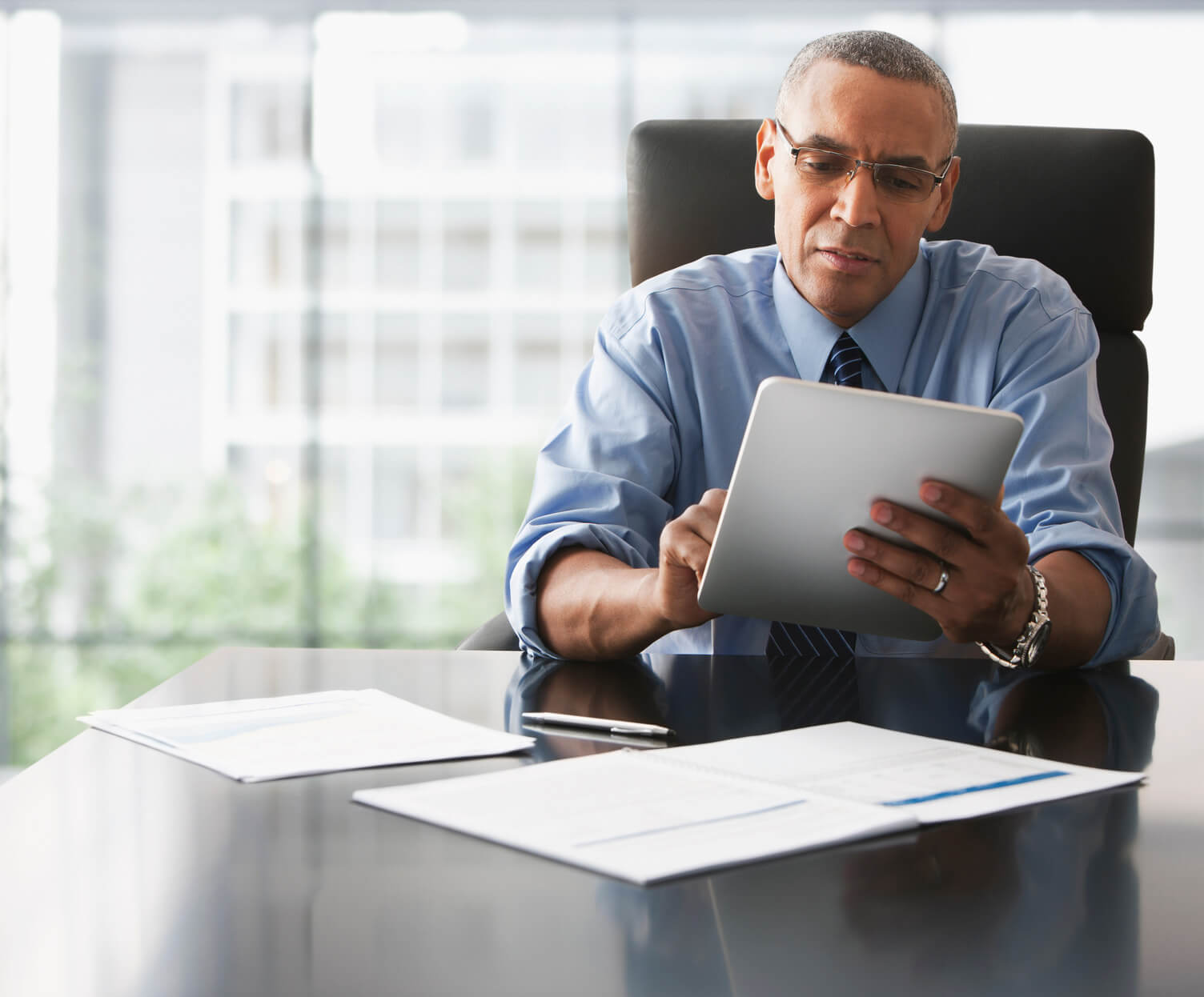 Business man looking at information