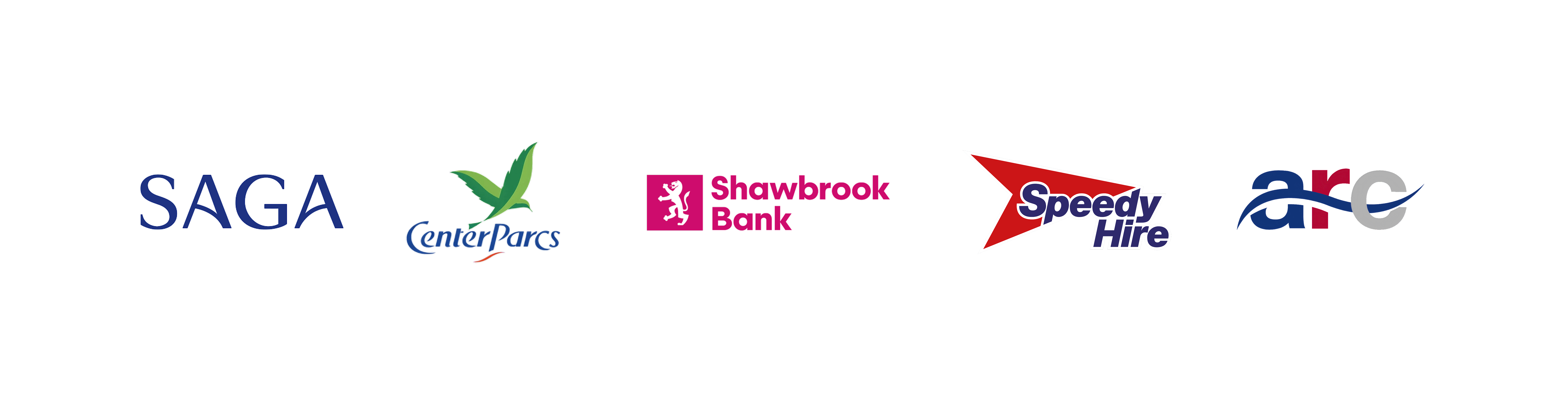 Logos: Saga, Center Parcs, Shawbrook Bank, Speedy Hire and ARC